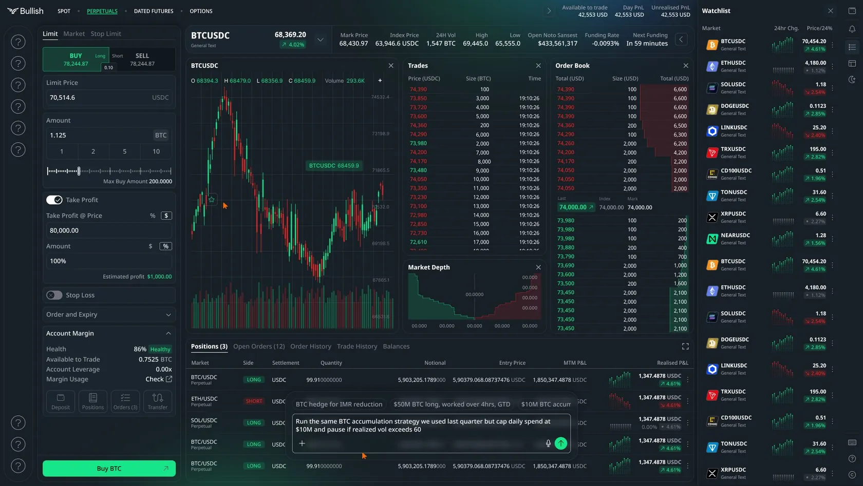 Bullish perpetuals trading screen with order entry, take profit, account margin health, chart, trades, order book, positions and a conversational strategy prompt