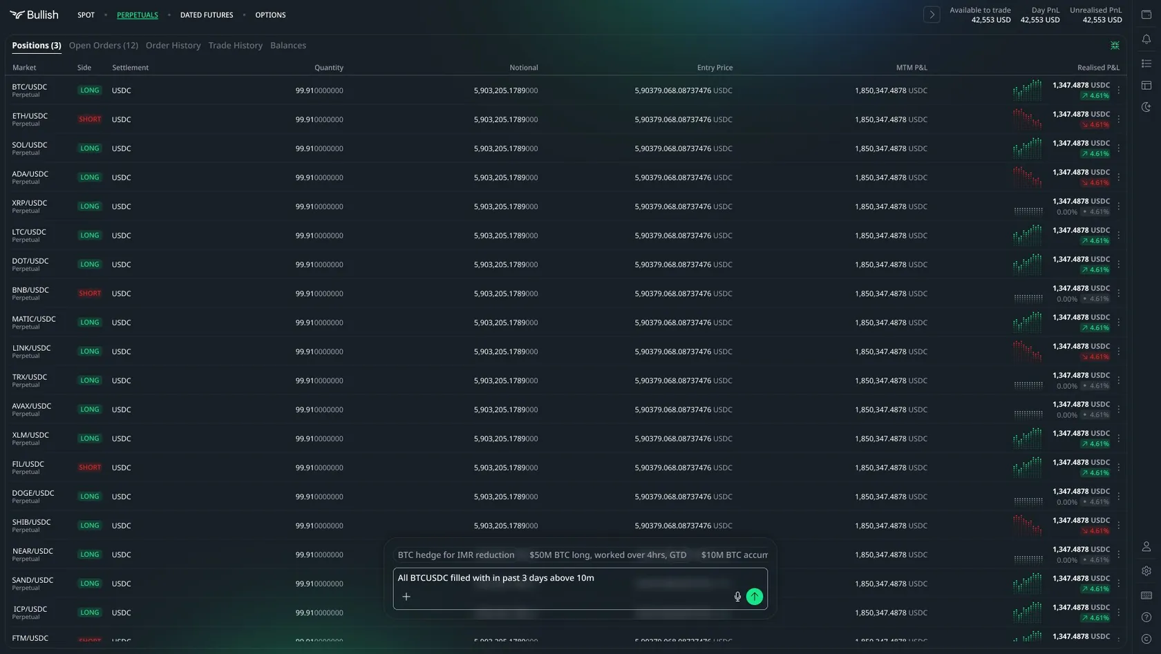 Expanded positions blotter with a natural language query asking for all BTCUSDC fills in the past three days above 10m