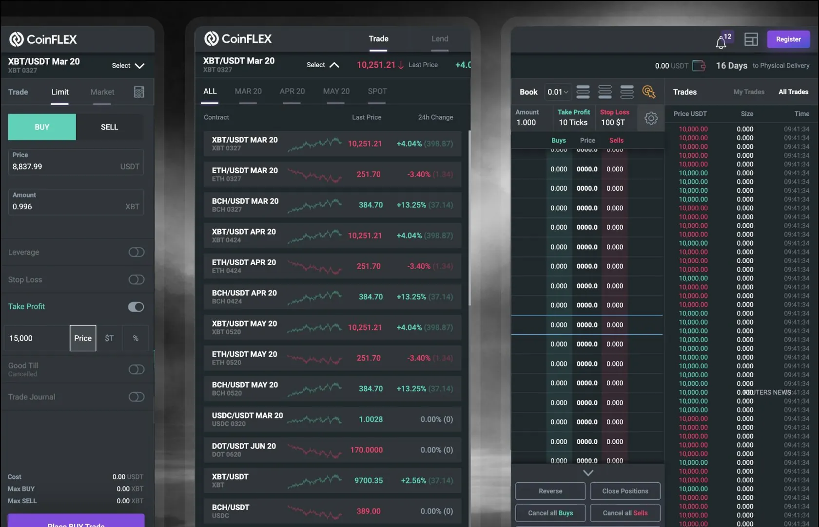 CoinFLEX order entry, contract list across expiries and ladder trading view