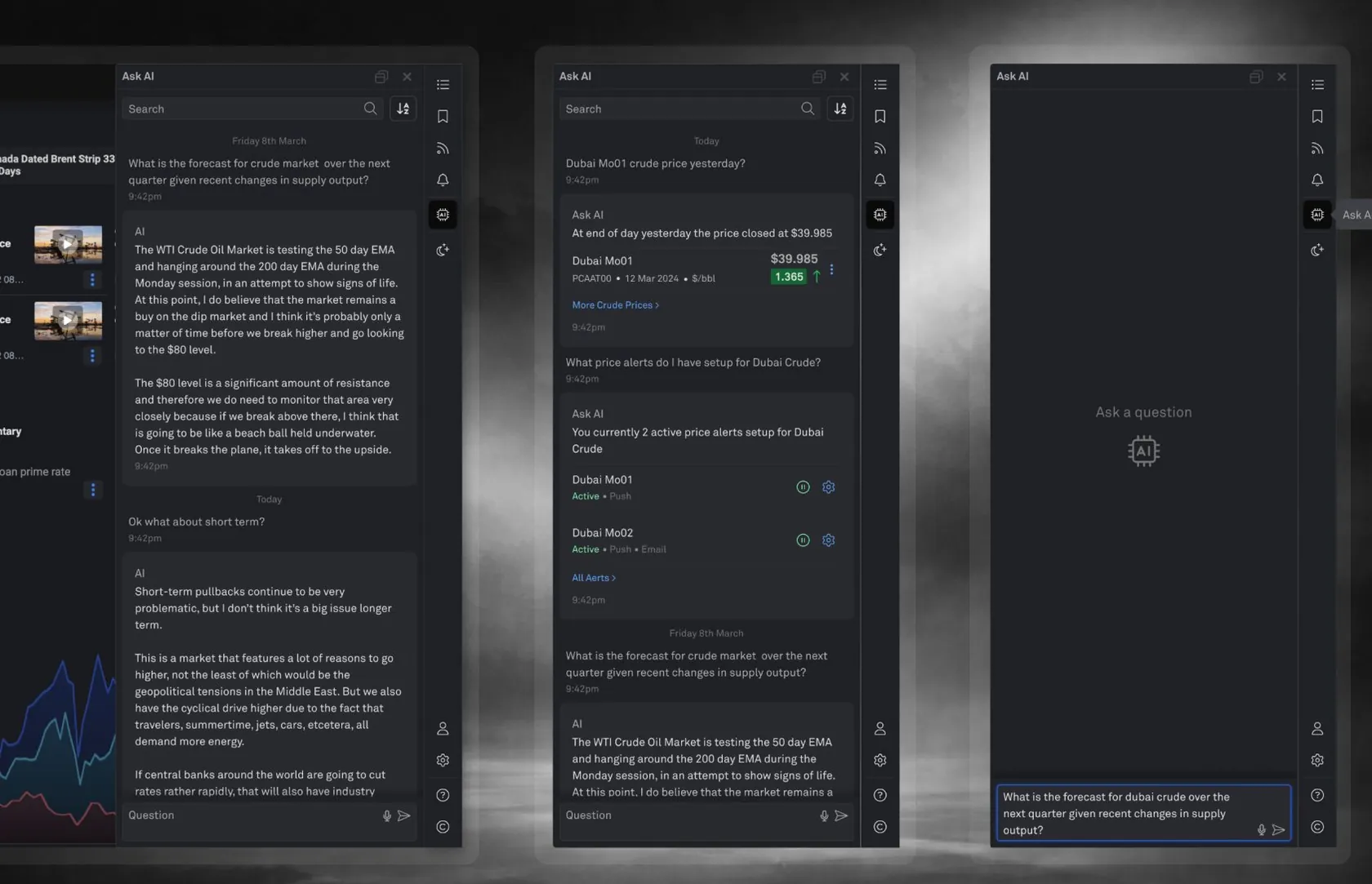 Ask AI assistant panels answering crude market questions with live prices and alert controls