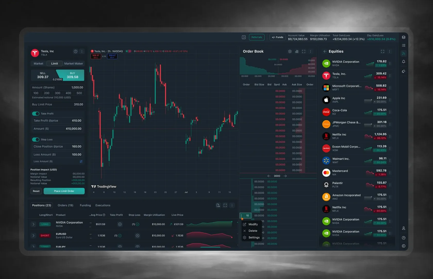 Tokenised equities trading platform with order ticket, chart, order book and equities watchlist