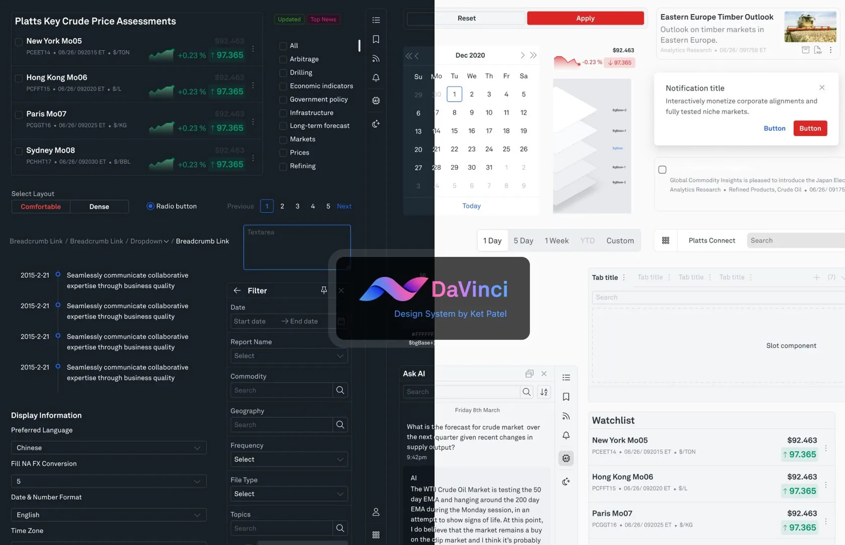DaVinci design system components in dark and light themes